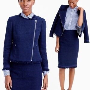J. Crew Tweed Motorcycle Jacket with Fringe Navy Blue Moto Boucle